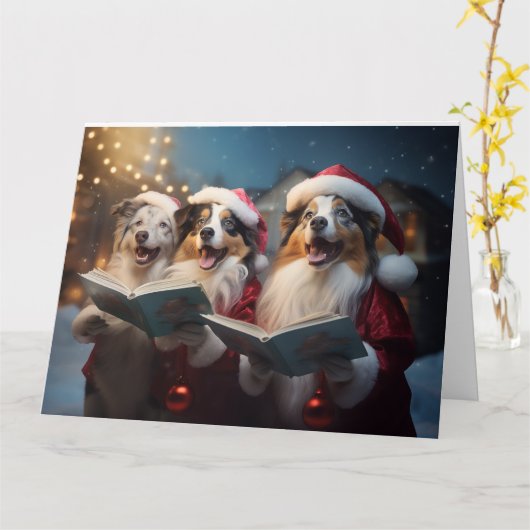 Carte Australian Shepherd Noël Carolers Fun Holiday (Fleur jaune)