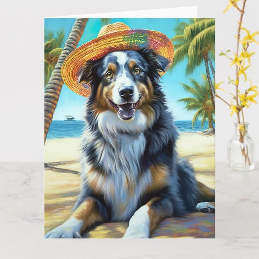 Carte Australian Shepherd On Beach amoureux des chiens c (Fleur jaune)
