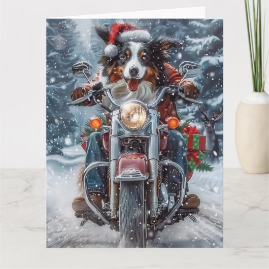 Carte Australian Shepherd Riding Motorcycle Noël (Devant)