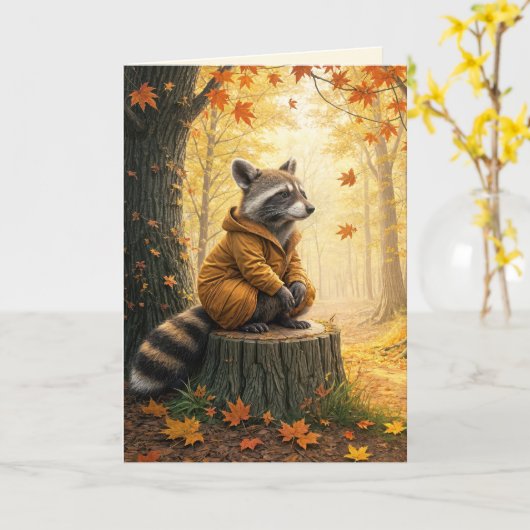 Carte Automne Anniversaire Raccoon Sur La Pompe D'Arbre (Fleur jaune)