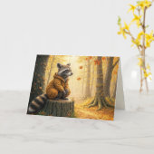 Carte Automne Anniversaire Raccoon Sur La Pompe D'Arbre (Fleur jaune)