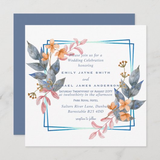 Carte Automne Dusty Blue Orange Leaf Mariage Invite Budg (Devant / Derrière)