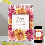 Carte Automne Floral Anniversaire personnalisé<br><div class="desc">Carte d'anniversaire florale d'automne que vous pouvez personnaliser avec un nom ou une relation sur le devant et votre message personnalisé à l'intérieur. Aquarelle avec fleurs et feuillage d'automne dans des couleurs chaudes et saisonnières et avec écrit manuscrit et typographie classique.</div>