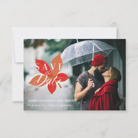 Carte Autumn Leaves Themed Wedding Custom Photo Script (Devant)