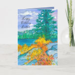 Carte Autumn Mountain Lake Joyeux Anniversaire Brother<br><div class="desc">Une carte d'anniversaire de saison d'automne avec un lac de montagne en automne avec des plantes et des buissons poussant dans les rochers et changeant de couleurs à des jaunes et des oranges brillants avec un ciel de périwinkle dessiné à l'encre et peint à l'aquarelle. Vous pouvez customiser le texte...</div>