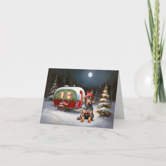 Carte Aventure de Noël du Doberman d'hiver Caravane (Devant)