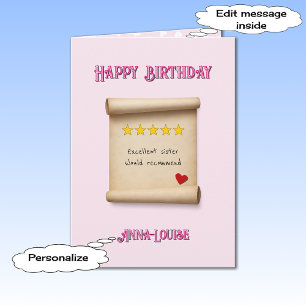 Carte Avis 5 étoiles pour une sœur rose pour anniversair