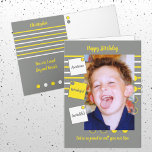 Carte Awesome Son gris et jaune Anniversaire<br><div class="desc">Personnalisez cette carte de voeux pour votre Fils,  avec une photo. Conçu en gris,  jaune et blanc. Nous sommes si fiers de vous appeler notre Fils. Super,  merveilleux,  incroyable. Carte d'anniversaire pour Son</div>