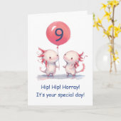 Carte Axolotl 9e Anniversaire Voeux en rose avec ballon (Fleur jaune)