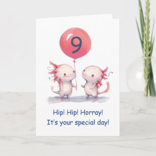 Carte Axolotl 9e Anniversaire Voeux en rose avec ballon