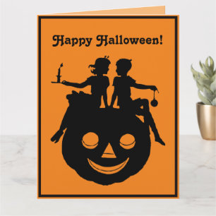Carte B/W Halloween Garçon fille assis Citrouille Invita