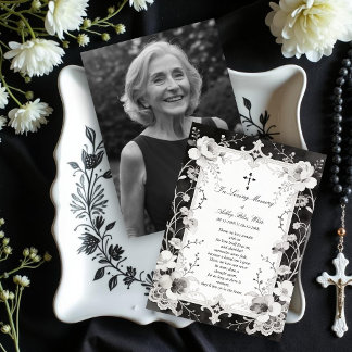 Carte B&W Ornate Lace and Floral Memorial Photo