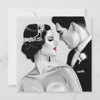 Carte B&W Retro Art Deco Vintage Bride & Groom