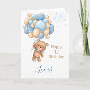 Carte Baby 1st Birthday Teddy Bear Blue Balloons