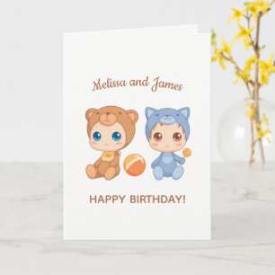 Carte Baby Bear Chat Twins Anniversaire Nom personnalisé