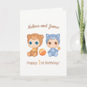 Carte Baby Bear Chat Twins Premier Anniversaire Blanc (Devant)