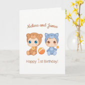 Carte Baby Bear Chat Twins Premier Anniversaire Blanc (Fleur jaune)