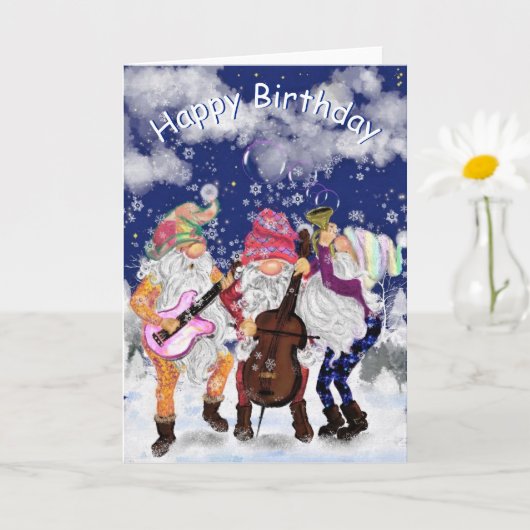 Carte Baby Birthday Card Gnomes Music Band (Petite plante)