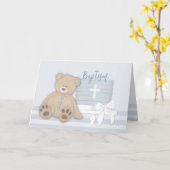 Carte Baby Boy Blue Baptism Cake Teddy Ours (Fleur jaune)