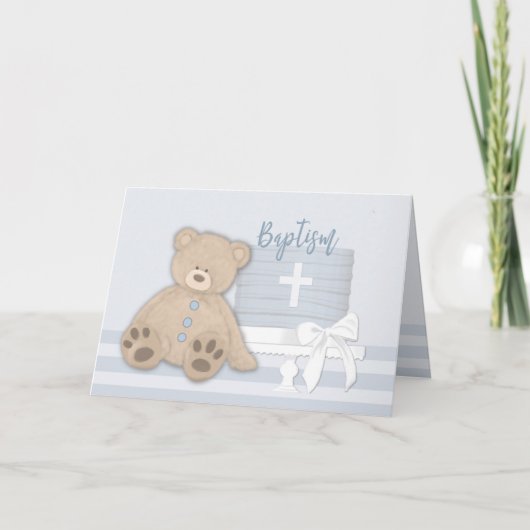 Carte Baby Boy Blue Baptism Cake Teddy Ours (Devant)