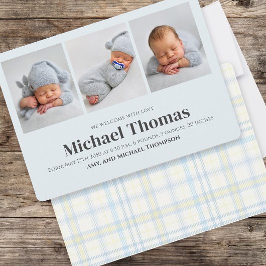 Carte Baby Boy Blue Multi Photo Simple Cute Plaid