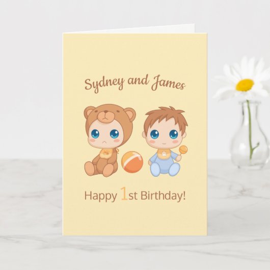 Carte Baby Boy Twins Premier anniversaire Jaune Blank (Petite plante)