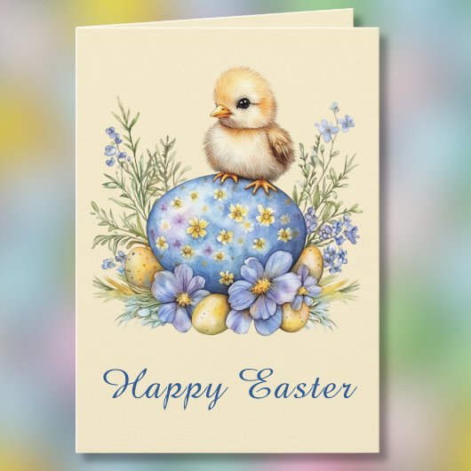 Carte Baby Chick Happy Easter Egg Blue Yellow Flowers