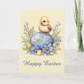 Carte Baby Chick Happy Easter Egg Blue Yellow Flowers (Devant)