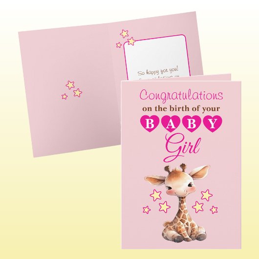 Carte Baby girl congratulations giraffe pink