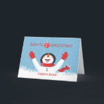 Carte Baby Name First Christmas Snowman<br><div class="desc">Ce sera une carte de souvenir pour le petit lors du premier Noël ! Personnalisez le nom,  le garçon ou la fille sur le fond du bonhomme de neige dans la neige. Le bonhomme de neige se met à toucher les flocons de neige et en déguste quelques uns !</div>