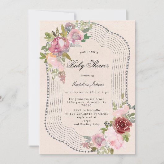 Carte baby shower à fleurs rose bordeaux rustique invita (Devant)