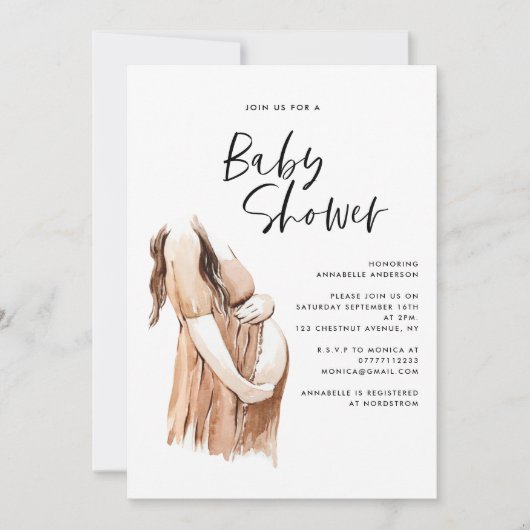 Carte Baby shower aquarelle illustration script simple (Devant)