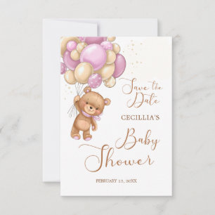 Carte Baby shower Bear Pink Balloons Enregistrer la date