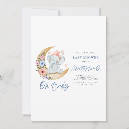 Carte Baby shower blanche et bleue (Devant)