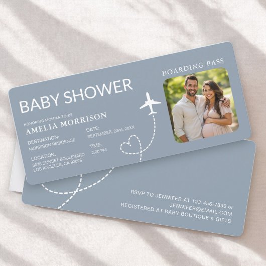 Carte Baby shower Boarding Pass Plane Dusty Blue Ticket