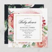 Carte baby shower carré à fleurs de minuit (Devant / Derrière)