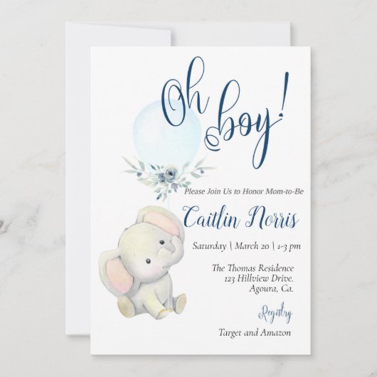 Carte Baby shower, C'est un garçon, Eléphant garçon Douc (Devant)