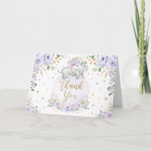 Carte Baby shower chic violet floral éléphant Merci (Devant)