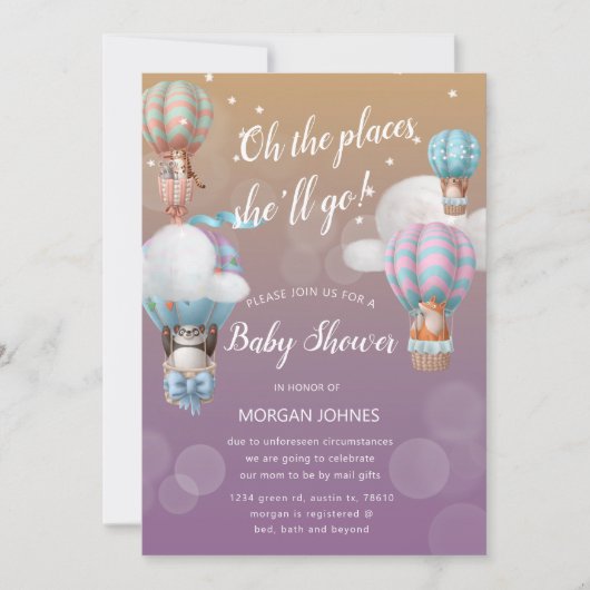 Carte baby shower d'animaux en ballon d'avion par courri (Devant)