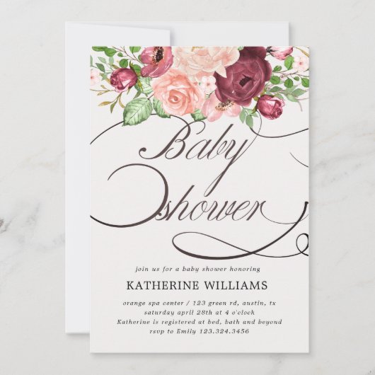 Carte baby shower de calligraphie florale (Devant)