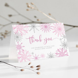 Carte Baby shower de flocons d'argent rose merci