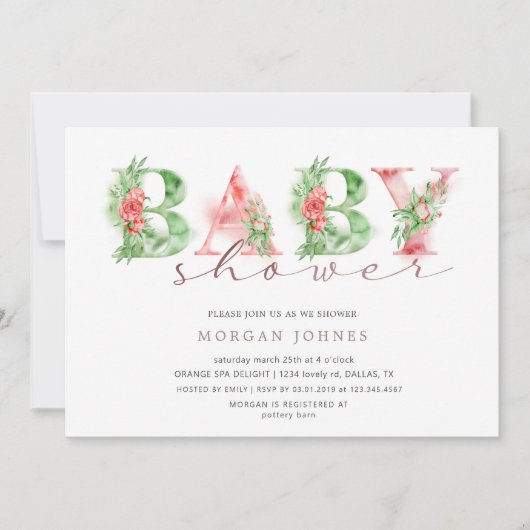 Carte Baby shower de script floral aquarelle (Devant)