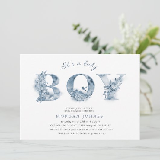 Carte baby shower de script floral bleu (Debout devant)