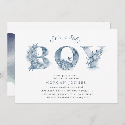 Carte baby shower de script floral bleu (Devant / Derrière)