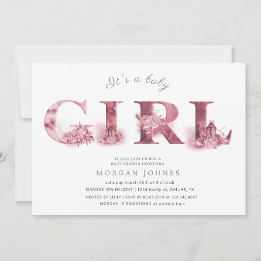 Carte baby shower de script floral rouge (Devant)