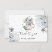 Carte Baby shower de théière d'hydrangées bleues merci (Devant)