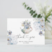 Carte Baby shower de théière d'hydrangées bleues merci (Debout devant)
