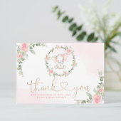 Carte Baby shower d'éléphant d'eucalyptus rose merci (Debout devant)