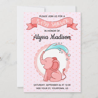 Carte Baby shower d'éléphant rose