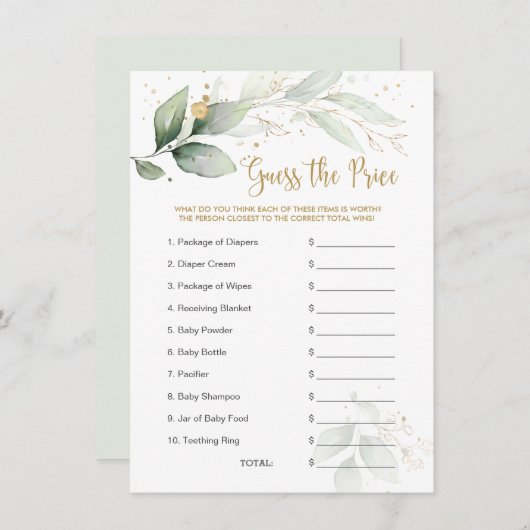 Carte Baby shower Devinez le prix Jeu de verdure Foliage (Devant / Derrière)
